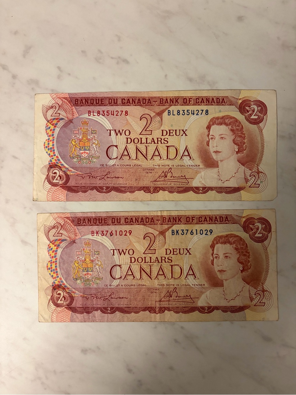 1974 pair Vintage Canada Two Dollar Bills